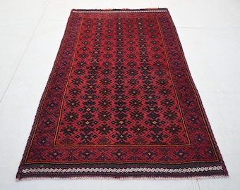 1970s Antique Rug 3x5 Afghan Handmade Wool Rug- Baluchi Rug- Turkman Trible Geometric Rug- Bedroom Red Black Rug- Office Rug- Kitchen Rug
