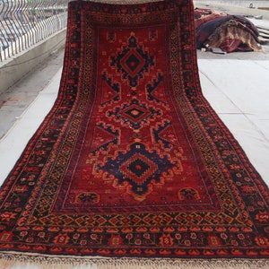 5x10 Afghan Vintage Baluchi Rug 100% Handmade Wool Geometric Area Rug- Oriental Turkmen Rug- Red Navy Black Tribal Antique Rug Bedroom Rug