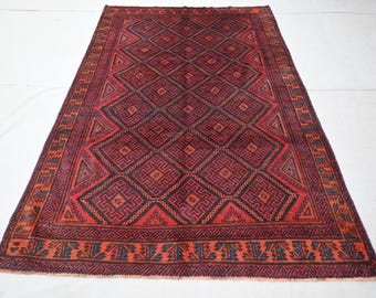 Vintage Afghaans tapijt 5x7 Maldari Baluchi Rug- Handgemaakt wollen gebiedsdeken- Oosterse Turkmeense tribale tapijt- Slaapkamertapijt - Woonkamertapijt 140 x 210 cm