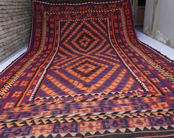 10x13 Large Vintage Area Rug- Turkmen Geometric rug- Handmade Afghan Flatweave Ghalmori Kilim Rug - Oriental Dark Red Rug- Dining Table Rug