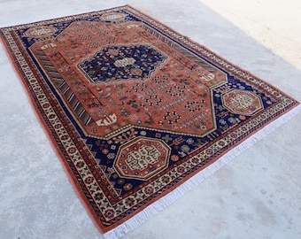 7x10 Large Afghan Caucasian Terracotta Rug- Handmade Wool Geometric Turkmen Soft Pile Vintage Rug- Oriental Rug- Rug for Bedroom 6'7x9'8"