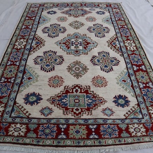 4x6 ft Beige Afghan Geometric Kazak Rug- Handmade Natural dyes Wool Rug- Oriental Area Rug- Living Room Rug- Bedroom Rug- Office Rug