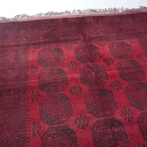 May include: A red and black patterned rug with a central design of repeating octagonal shapes. The rug has a dark red border and a lighter red central field. The fringe is a light gray color.