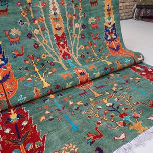 5x7 Green Pictorial Rug- Tree of life Rug- Afghan Hand Knotted Rug- Turkmen Wool Rug- Oriental Rug- Bedroom Rug- Living Room Multi Trees Rug