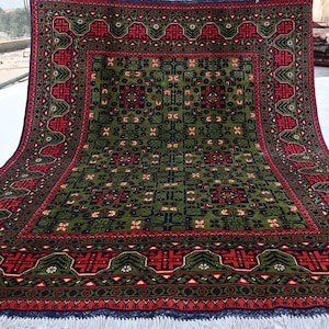 Green Bukhara Rug- 5x7 Hand Knotted Afghan Tribal Bukhara Rug- Fine Turkmen Wool Rug- Vintage Pattern Oriental Rug- Bedroom Rug- Office Rug