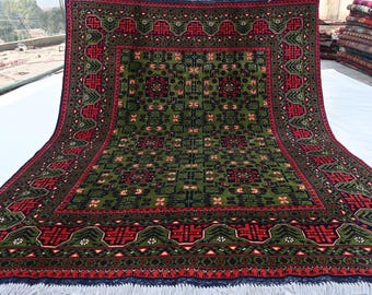 Green Bukhara Rug- 5x7 Hand Knotted Afghan Tribal Bukhara Rug- Fine Turkmen Wool Rug- Vintage Pattern Oriental Rug- Bedroom Rug- Office Rug
