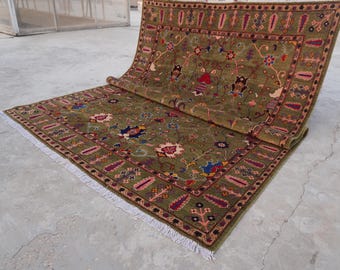 Green Afghan Bijdar Rug 7x10 Hand Knotted Wool Rug Rich Green Oushak Rug Best for Bedroom- Living Room Rug Soft Pile Rug 200x300 cm Area Rug