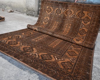 Alfombra antigua de los años 20, 5x9 pies, color terracota apagado - Alfombra de lana hecha a mano - Alfombra tribal turcomana Parda - Alfombra de pelo corto - Alfombra afgana oriental para dormitorio, 5'1 x 8'5".
