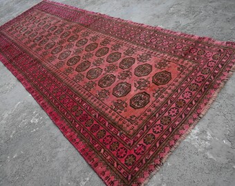 1920s Antique 4x12 ft Runner Rug- Turkmen Trible Terracotta Rug- Afghan Handmade low pile Rug- Mowri Design Oriental Wool Hallway Runner Rug