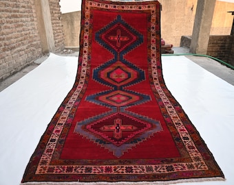 Alfombra afgana antigua de la década de 1930, de 1,5 x 2,5 cm, hecha a mano en lana roja, 135 x 310 cm, geométrica caucásica, tribal turcomana, para pasillo ancho de 1,35 x 3,1 m.