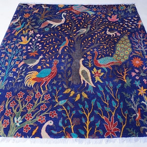 Square Rug 7x7 Royal Blue Rug- Pictorial Rug 6&#39;6x6&#39;8 ft Afghan Handmade Wool Rug- Birds Peacocks Trees Art rug Turkmen Tribal Kids Roomn Rug