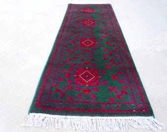 Tappeto passatoia verde 2x5 1'9x4'11" Tappeto afghano Bukhara - Tappeto morbido in lana fatto a mano - Tappeto tribale turkmeno - Passatoia per ingresso Tappeto orientale - Passatoia per cucina