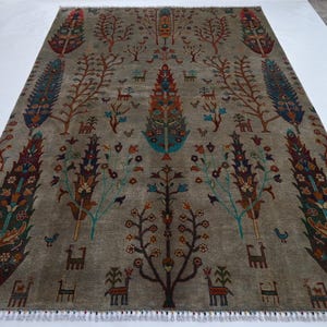 7x10 Natural Pictorial Rug- Afghan Handmade Wool Rug Multi Tree of life Rug Turkmen Art Rug- Kids Room Rug Living Room Rug Oriental Area Rug
