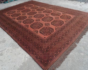 1920s Antique Terracotta Rug 6'5x8'11 ft Afghan Hand-Knotted Wool Area Rug Turkmen Tribal Tekke Ersari Rug Oriental Rug for Living Room 7x9"