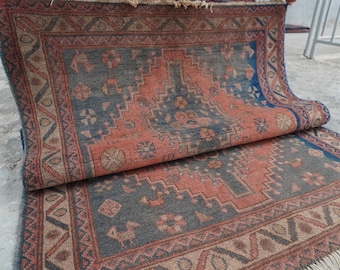 1960s Antique 4x6 Soft Pile Distress Faded Rug- Handmade Wool Rug- Afghan Caucasian Rug- Tribal Terracotta Area Rug- Bedroom Rug 120x185 cm