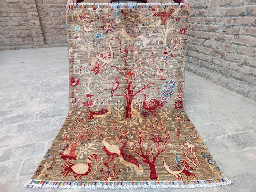 Natural Pictorial Rug 3x5 Handmade Wool Rug Peacock Birds Trees Rug ...