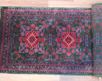 2x5 ft Green Runner rug- 1'8x5'6 ft Afghan Bukhara Rug- Handmade Wool Soft Rug- Turkmen Khal Muhammadi Rug- Oriental Rug- Kitchen Runner Rug