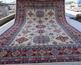 10x14 Large Afghan Rug- Geometric Kazak Area Rug- Hand Knotted Natural dyes Wool Rug- Turkmen Tribal Rug- 300x420 cm Rug- Living Room Rug