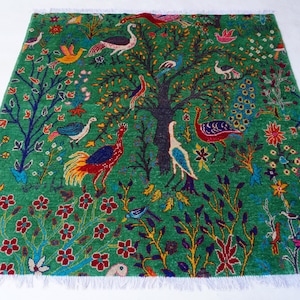 5x5 Light Green Rug 150x150 cm Square Rug- Hand Knotted Wool Rug- Birds Peacocks Trees Pictorial Rug- Best for Kids Room Wall-hanging Rug