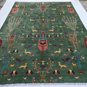 8x11&#39;6 ft Large Green Pictorial Rug- Afghan Handmade Wool Rug- Tree of life Antelopes Rug- Turkmen Art Rug- Kids Room Rug- Oriental Area Rug