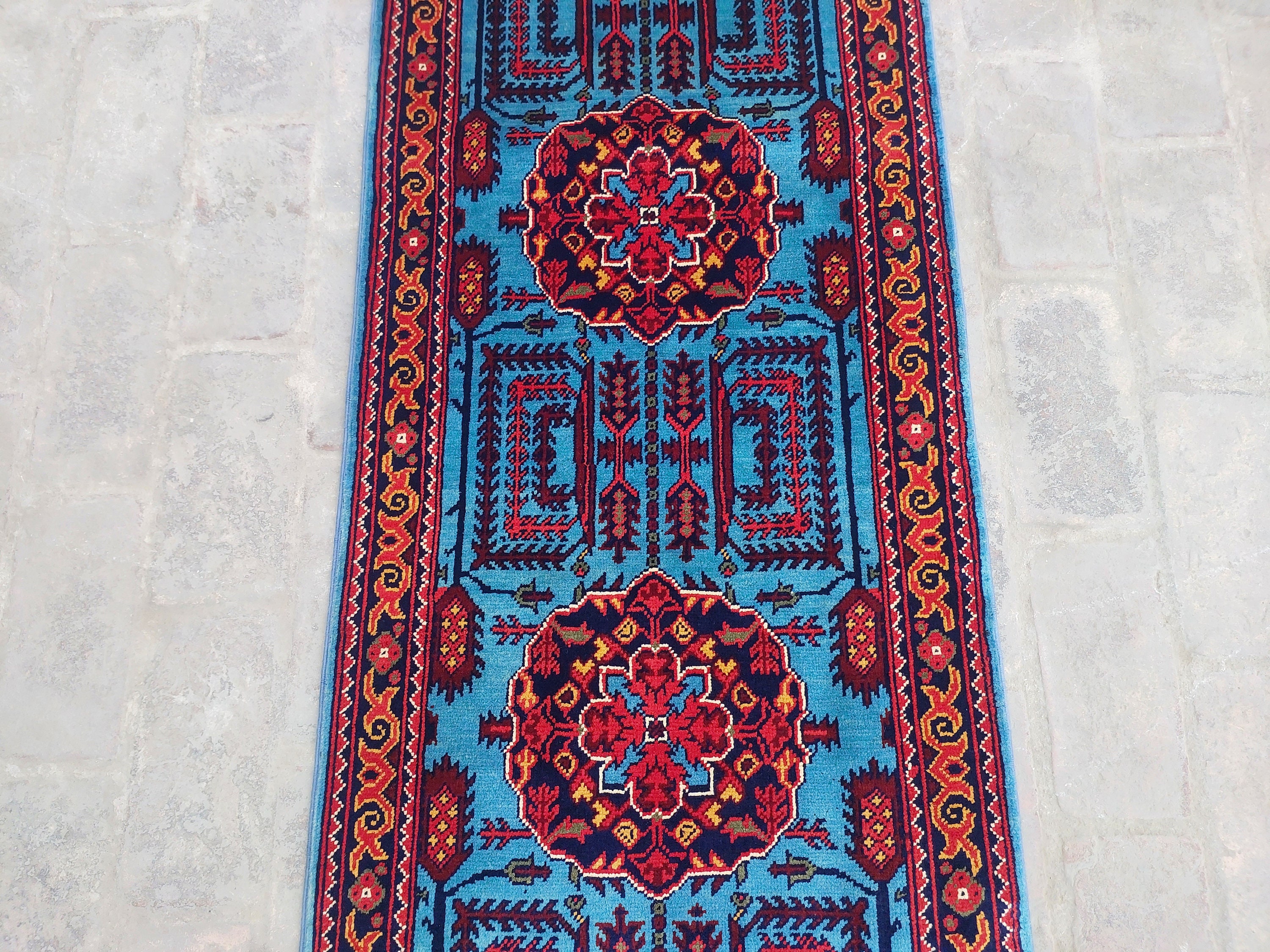 ブルー 10 フィート ランナー ラグ - アフガニスタン製ハンドメイド