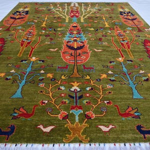 5x7 Fern Green Pictorial Rug- Afghan Handmade Wool Rug- Tree of life Rug- Turkmen Art Rug_ Kids Room Rug- Living Room Rug- Oriental Area Rug
