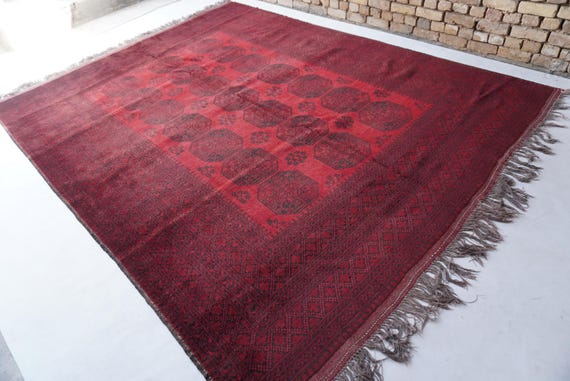 8x11 Large Afghan Vintage Rug 8'4x10'11" Tekke Ersari Rug- Handmade Turkmen Tribal Rug- Low Pile Wool Area Rug- Dining Table Rug 250x330 cm