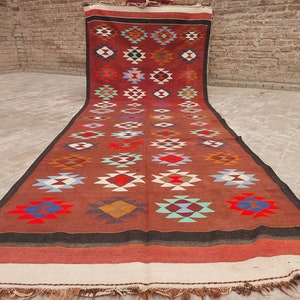 Alfombra Kilim de tejido plano afgana hecha a mano de color naranja quemado de 5 x 13 pulgadas, alfombra de pasillo ancha geométrica, alfombra oriental, alfombra de pasillo, alfombra de pasillo de cocina