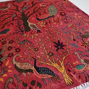 Pink Pictorial Rug 5x7 Afghan Handmade Wool Rug- Haunting Piece Rug Trees Birds Peacocks Art Rug Kids Room Rug- Yellow Green Blue Navy Rug
