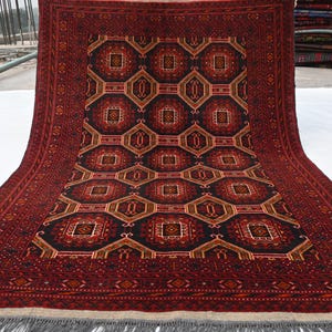 3x5 Antique Sarique Rug- Afghan Hand Knotted Rug- Red Black Orange Area Rug- Turkmen Wool Rug- Oriental Rug- Bedroom- Office Rug- Tribal Rug
