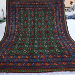 Green Area Rug 5x7 Turkmen Tribal Mowri Rug- Handmade Wool Rug- Afghan Bukhara Rug Oriental Rug- Bedroom Rug Living room 150x200 cm Area rug