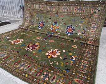8x10 Fern Green Bijdar Rug- Floral Sultani rug- Afghan Handmade Wool Rug- Rug for Living Room- Living Room Rug- Modern Rug- Green Oushak Rug