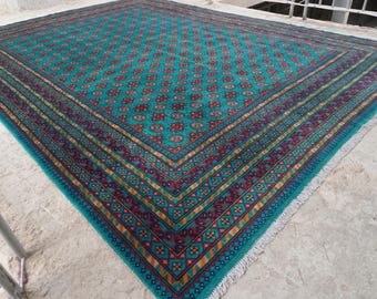 10x13 Large Afghan Rug- Turquoise Fine Wool Rug- Turkmen Mowri Bukhara Rug- Hand-Knotted Rug- Trible Rug- Bedroom Rug 290x390 cm Area Rug