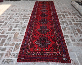 3x12 ft Runner Afghan 1960s Vintage Rug- Handmade 100% Wool Geometric Balochi Rug- Red Fine Rug- Hallway Runner Rug- Oriental Bohemian Rug