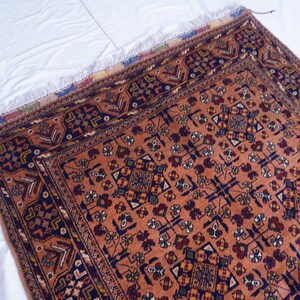 May include: An intricately patterned rug with a warm, reddish-orange field and a dark blue border. The rug features geometric and floral motifs in shades of brown, green, and cream. The rug has a fringed edge and is placed on a white surface.