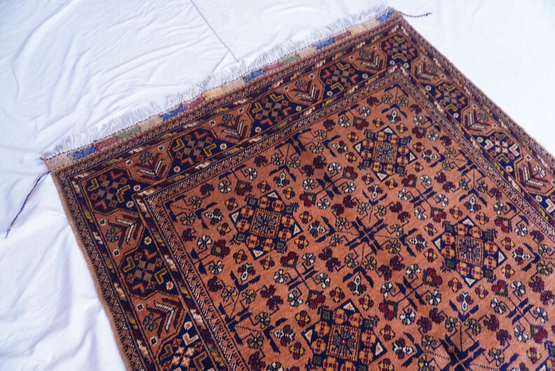 May include: An intricately patterned rug with a warm, reddish-orange field and a dark blue border. The rug features geometric and floral motifs in shades of brown, green, and cream. The rug has a fringed edge and is placed on a white surface.
