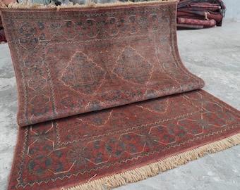 Afghan Handmade Rug 4x6 Vintage Geometric Kalisaye Rug 100% Wool Area Rug- Oriental Turkmen Rug- Terracotta Tribal Rug- Bedroom Rug 117x185