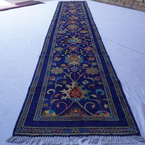 13 ft Runner Royal Blue rug- Afghan Bijdar Rug- Handmade Wool Rug- Turkmen Floral Oushak Rug- Hallway Runner- Kitchen Runner Fine Afghan Rug