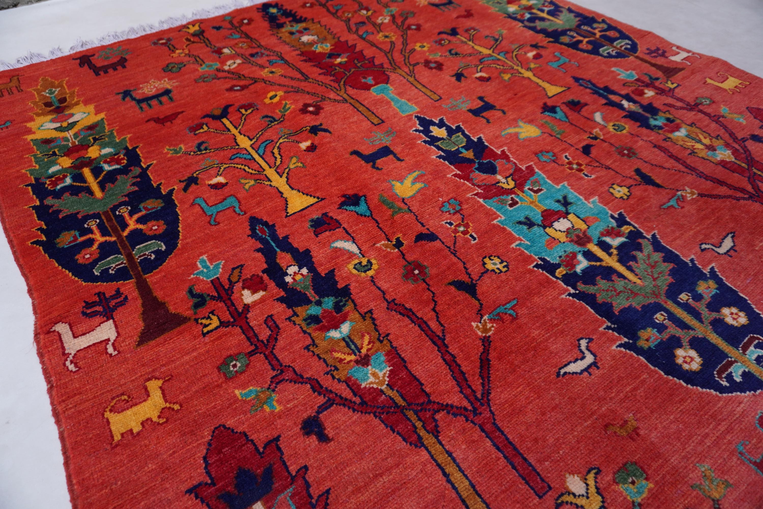 5x7 オレンジ ピクトリアルラグ - 生命の樹ラグ - アフガニスタン