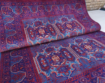 ハンドメイドのアフガニスタンウールラグ：5 x 7フィートの赤青