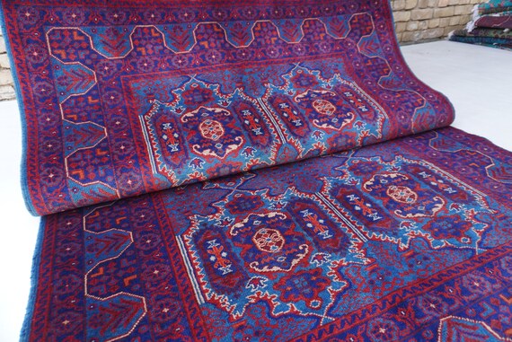 5x7 Blue Red Navy Rug- Afghan Geometric Rug Hand Knotted Wool Rug- Door design Bukhara rug- Bedroom Rug- Living Room Rug 275x360 cm Area rug