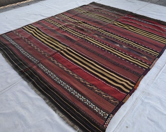 Alfombra Kilim afgana antigua de tejido plano de 6'5x7'9 pies, alfombra de lana turca hecha a mano - Alfombra tribal - Alfombra para dormitorio - Alfombra para cocina - Alfombra con diseño de rayas de 7x8 pies