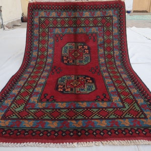 3&#39;4x5 ft Red Ersari Rug- Afghan Handmade Wool Area Rug Turkmen Tribal High Pile Soft Wool Rug- Oriental rug- Bedroom Rug Living Room Rug 3x5