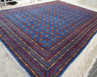 13x10 Large Royal Blue Rug- Afghan Mowri Rug- Handmade Fine Quality Wool Rug Bedroom Rug Turkmen Bukhara Rug 290x400 cm Area Living Room Rug