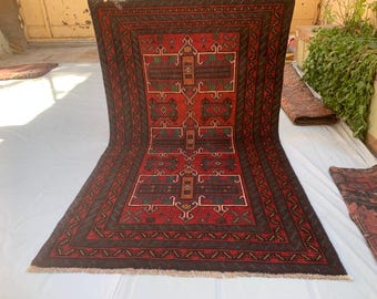 Afghaans handgemaakt tapijt 4 x 6 ft vintage tapijt-geometrisch Baluchi tapijt 100% wollen tapijt-Oosterse Turkmeense tapijt-bruin tapijt-Tribal antiek tapijt 110 x 200 cm
