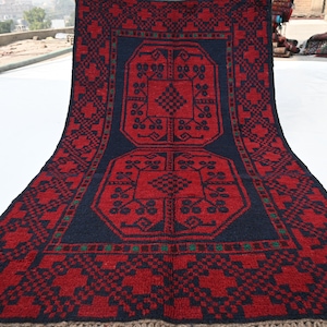 3x5 Antique Tekke Ersari Rug- Afghan Hand Knotted Rug- Red Dark Blue Area Rug- Turkmen Wool Rug Oriental Rug- Bedroom- Office Rug Tribal Rug