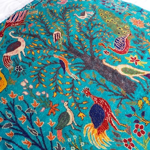 5x5 Turquoise Rug 150x150 cm Square Rug- Hand Knotted Wool Rug- Birds Peacocks Trees Pictorial Rug- Best for Kids Room Rug Wall-hanging Rug