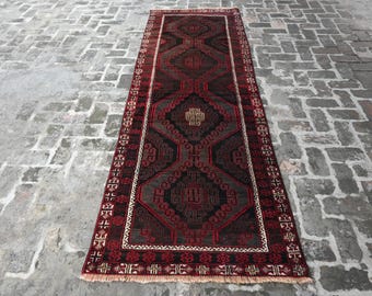 4x10 Runner Afghan 1940s Vintage Rug- Handmade 100% Wool Geometric Balochi Rug- Black Fine Rug- Hallway Runner Rug- Oriental Bohemian Rug
