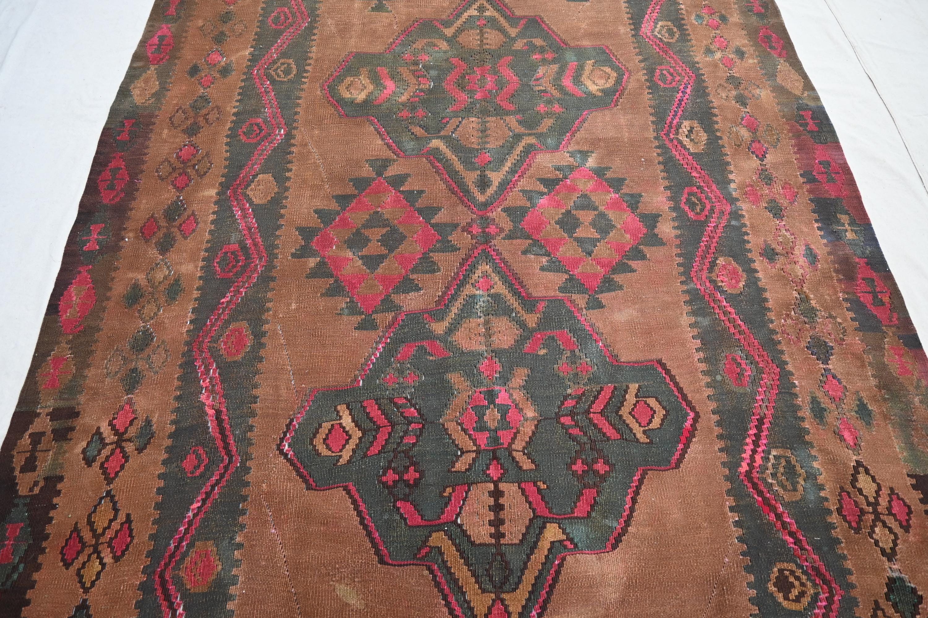 くすみレッド　ヴィンテージラグ　トルコラグ 6x15 ヴィンテージ テラコッタ ラグ 1900 アンティーク トルクメン