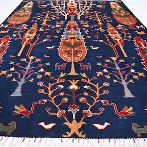 Navy Pictorial Rug 5x7 Afghan Handmade Wool Rug- Multi Tree of life Rug- Turkmen Art Rug- Kids Room Rug- Living Room Rug- Oriental Area Rug